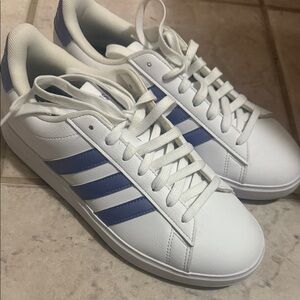 Adidas Women's White Sneakers with Lavender Stripes